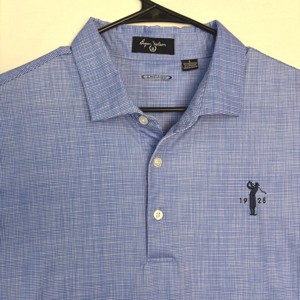 Byron Nelson Mens Blue Micro Check DriWay Golf Polo Shirt Large Short Sleeve‎ L